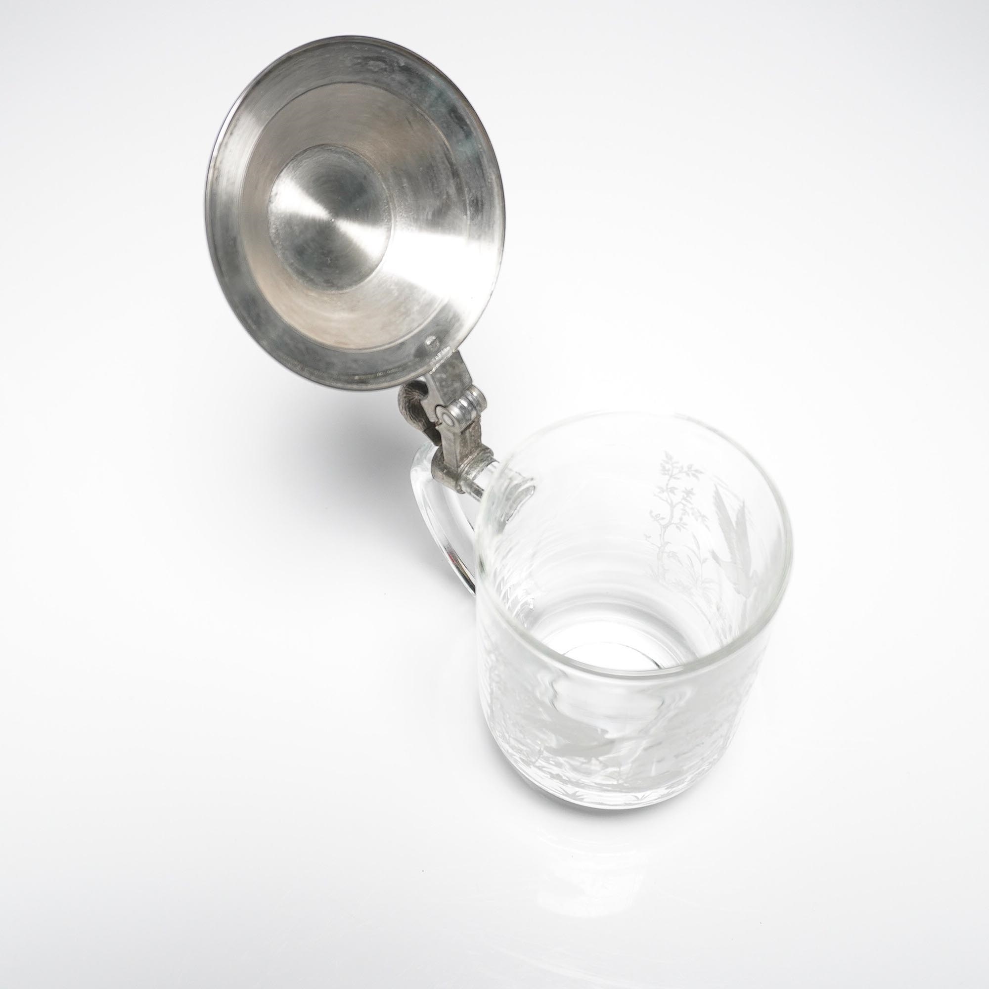 Stein | Etched Glass Beer Stein with Pewter Lid, Duck Finial (20th ...