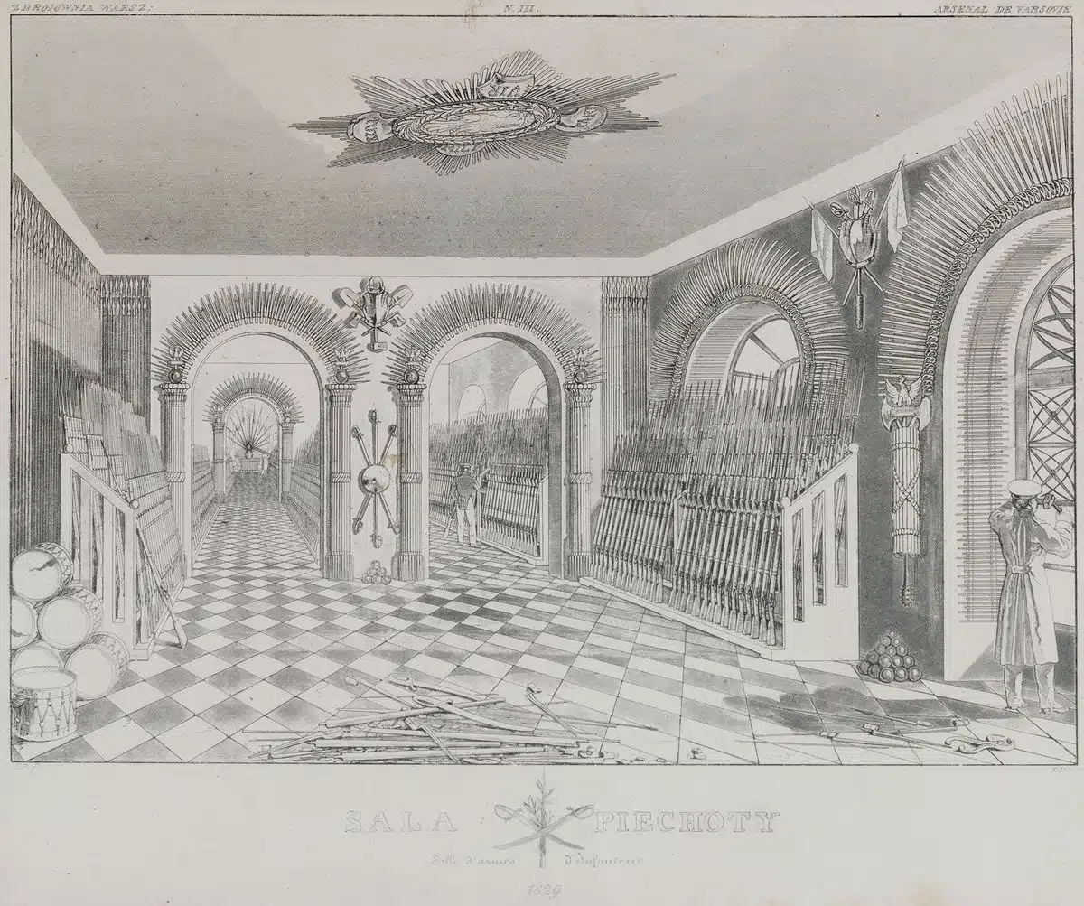 Artwork by Jan Feliks Piwarski, SALA PIECHOTY W ARSENALE WARSZAWSKIM, Made of lithograph on paper