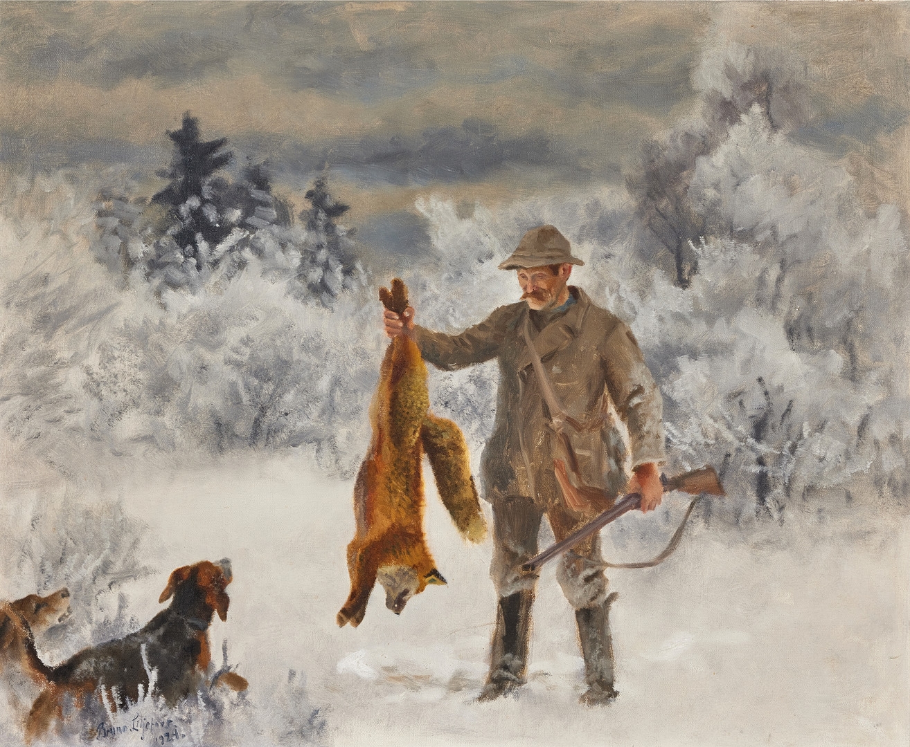Artwork by Bruno Liljefors, Jägare med jakthundar och räv, Made of oil on canvas