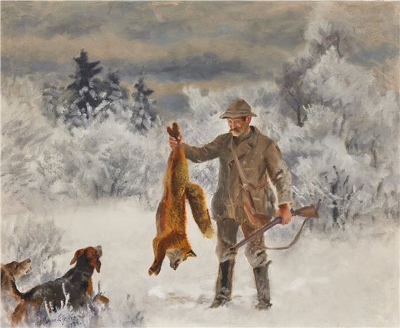 Jägare med jakthundar och räv by Bruno Liljefors, 1924