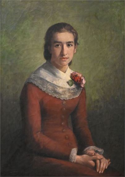 Young Seated Woman in a Red Dress by Ernest Mollet, 1882