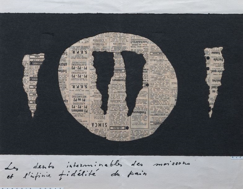 Artwork by Thomas Gleb, François Dodat, The endless teeth of harvest and the infinite fidelity of bread, Made of Collage of newsprint and paper cut-outs on paper