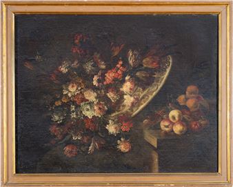 a) Vaso istoriato con fiori e frutta su un piano; b) Cesta con bouquet di peonie, garofani e altri fiori - Giuseppe Vincenzino