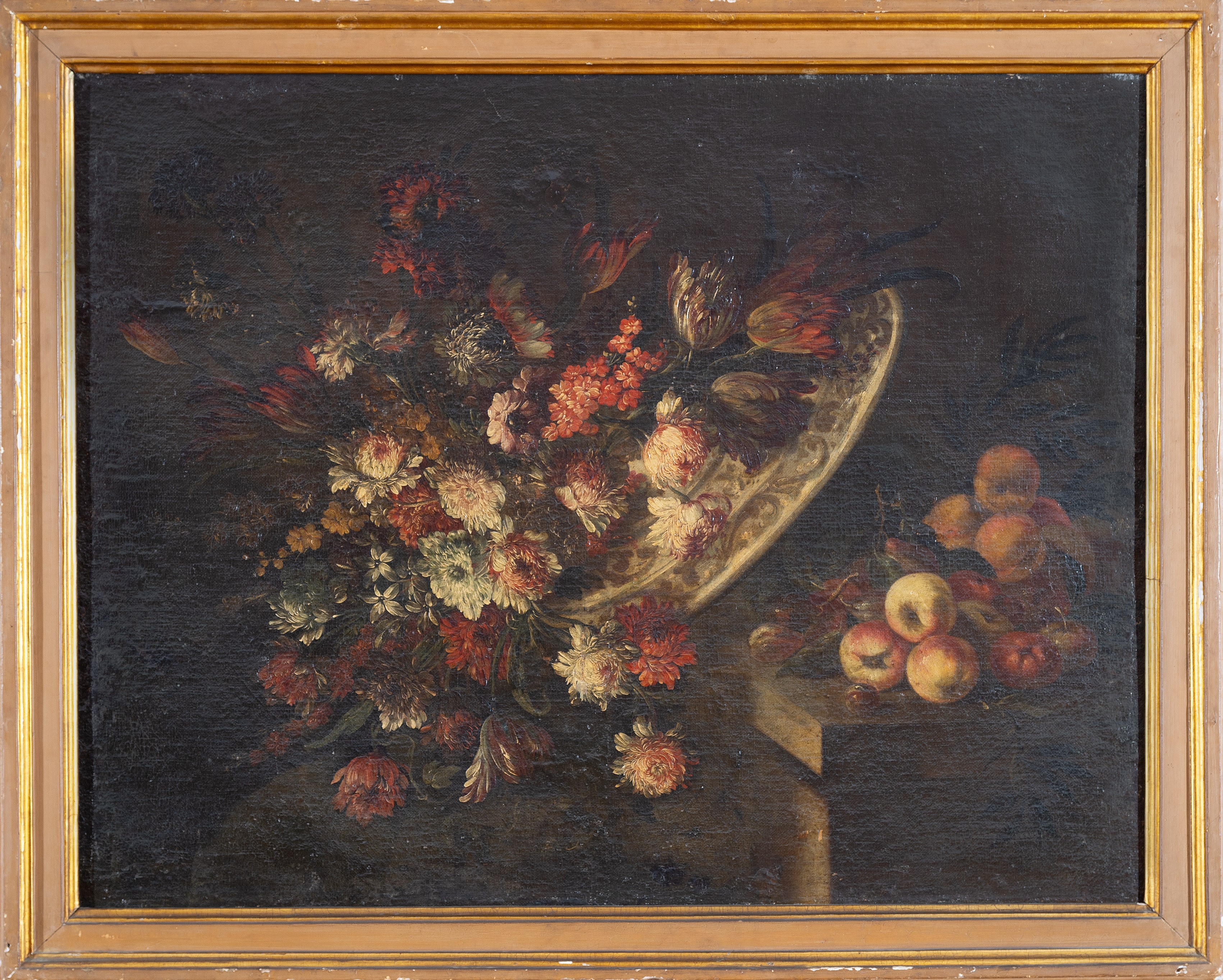 Artwork by Giuseppe Vincenzino, a) Vaso istoriato con fiori e frutta su un piano; b) Cesta con bouquet di peonie, garofani e altri fiori, Made of Oli su tela