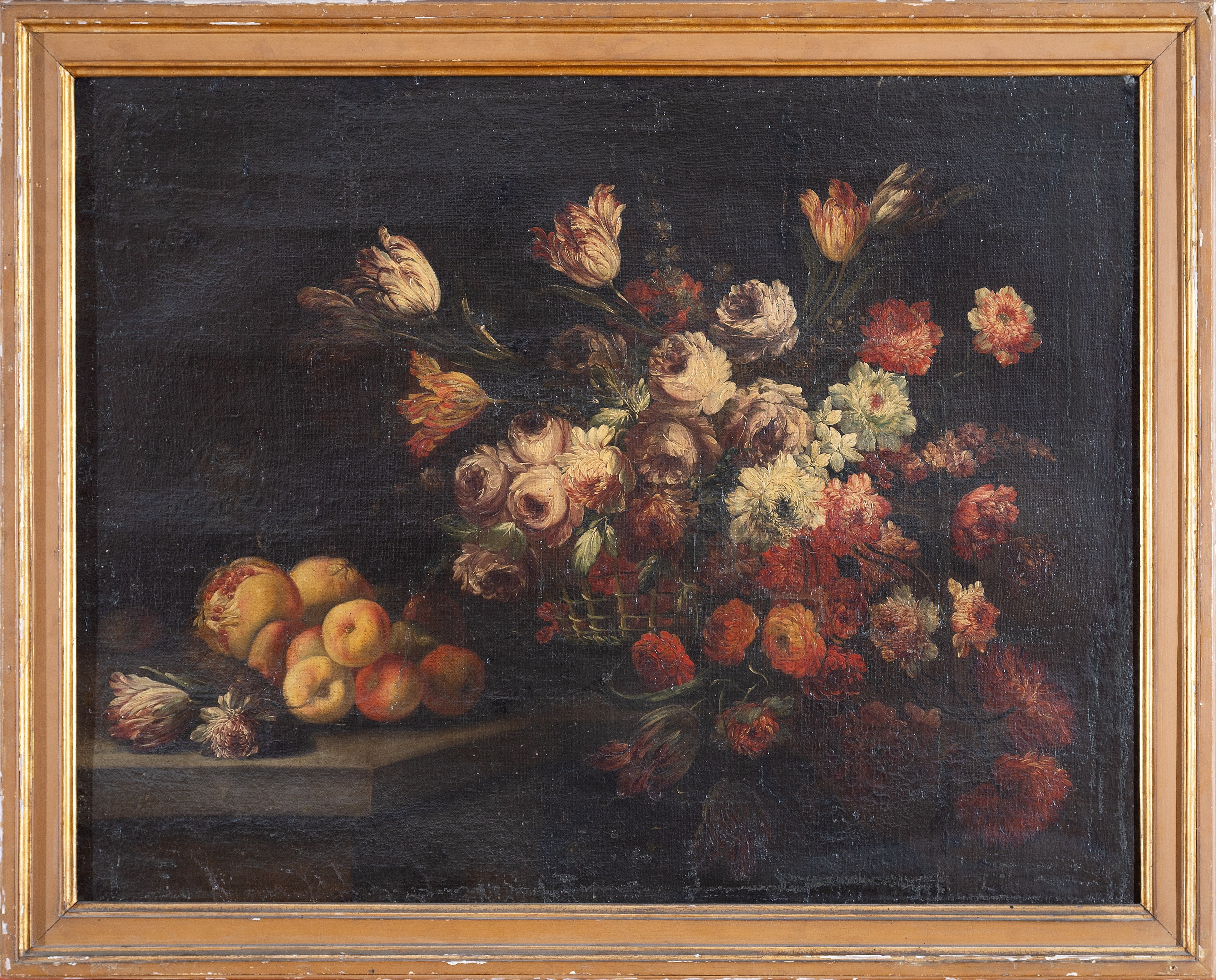 Artwork by Giuseppe Vincenzino, a) Vaso istoriato con fiori e frutta su un piano; b) Cesta con bouquet di peonie, garofani e altri fiori, Made of Oli su tela