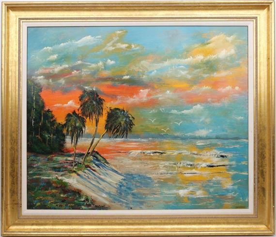 A vibrant oil painting of a tropical sunset coastline.