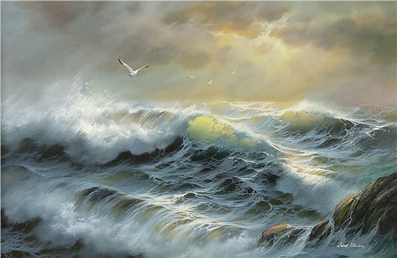 June Nelson | Coastal landscape with crashing waves | MutualArt
