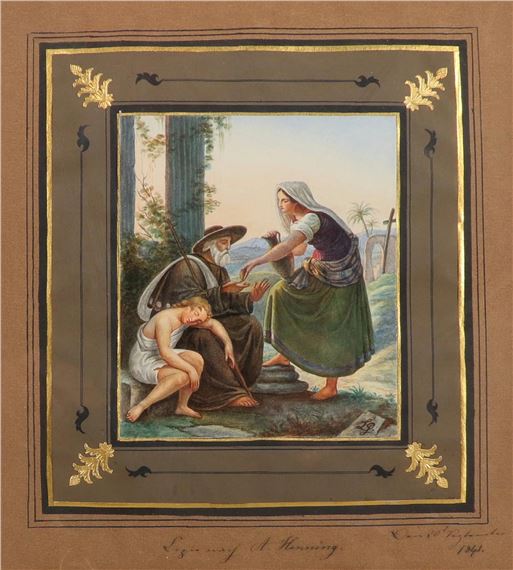 Almosen spendendes, junges italienisches Mädchen mit Pilgern in südlicher Landschaft - Adolf Henning