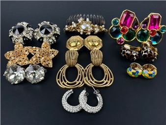 Collection of Vintage Designer Earrings and Miriam Haskell Comb - Miriam Haskell