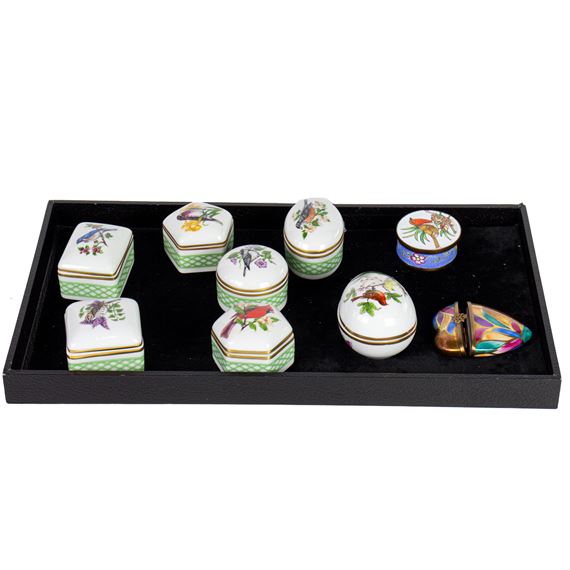 Le Verre Francais | A lot of European porcelain boxes featuring perched ...