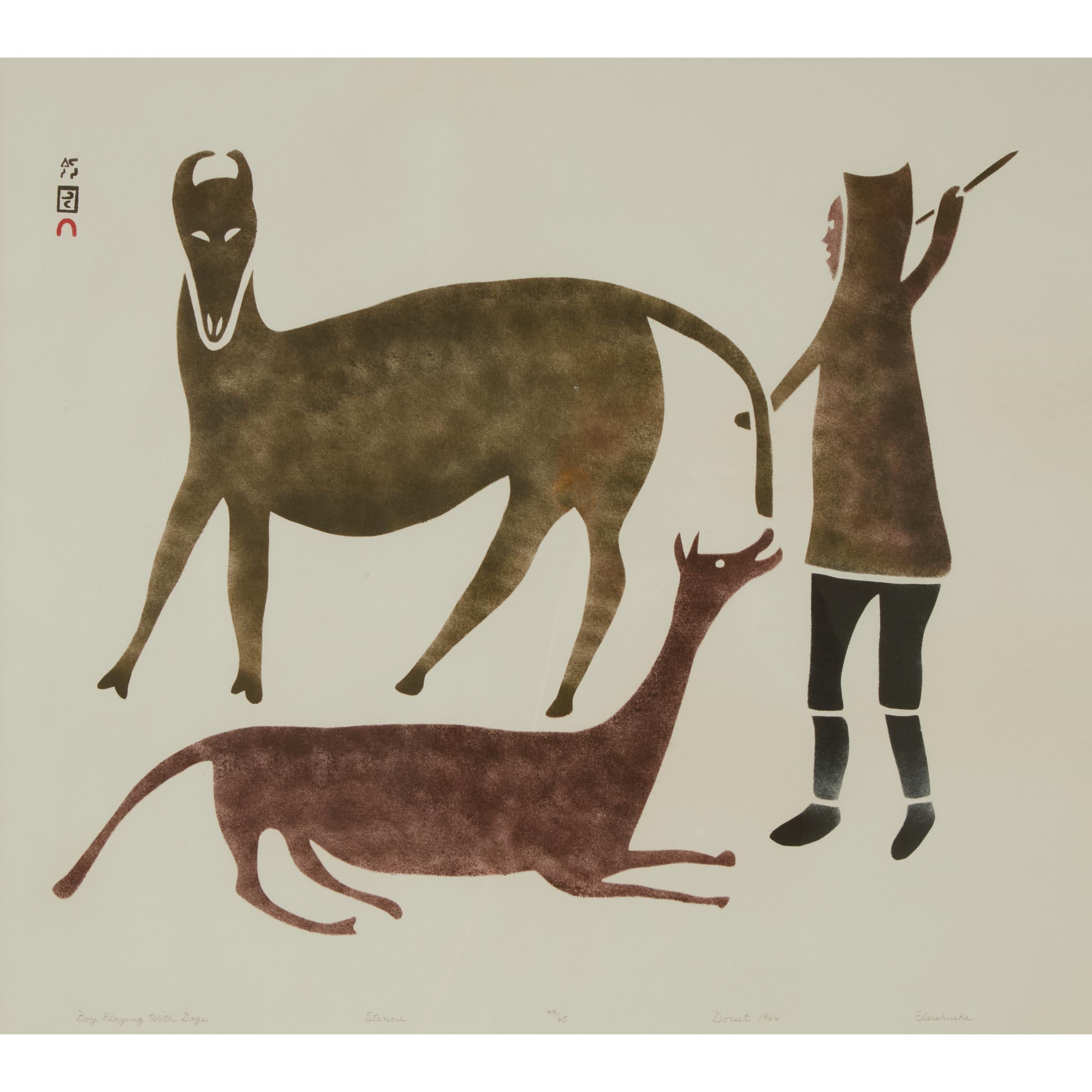 Artwork by Eleeshushe Parr, BOY PLAYING WITH DOGS, Made of stencil