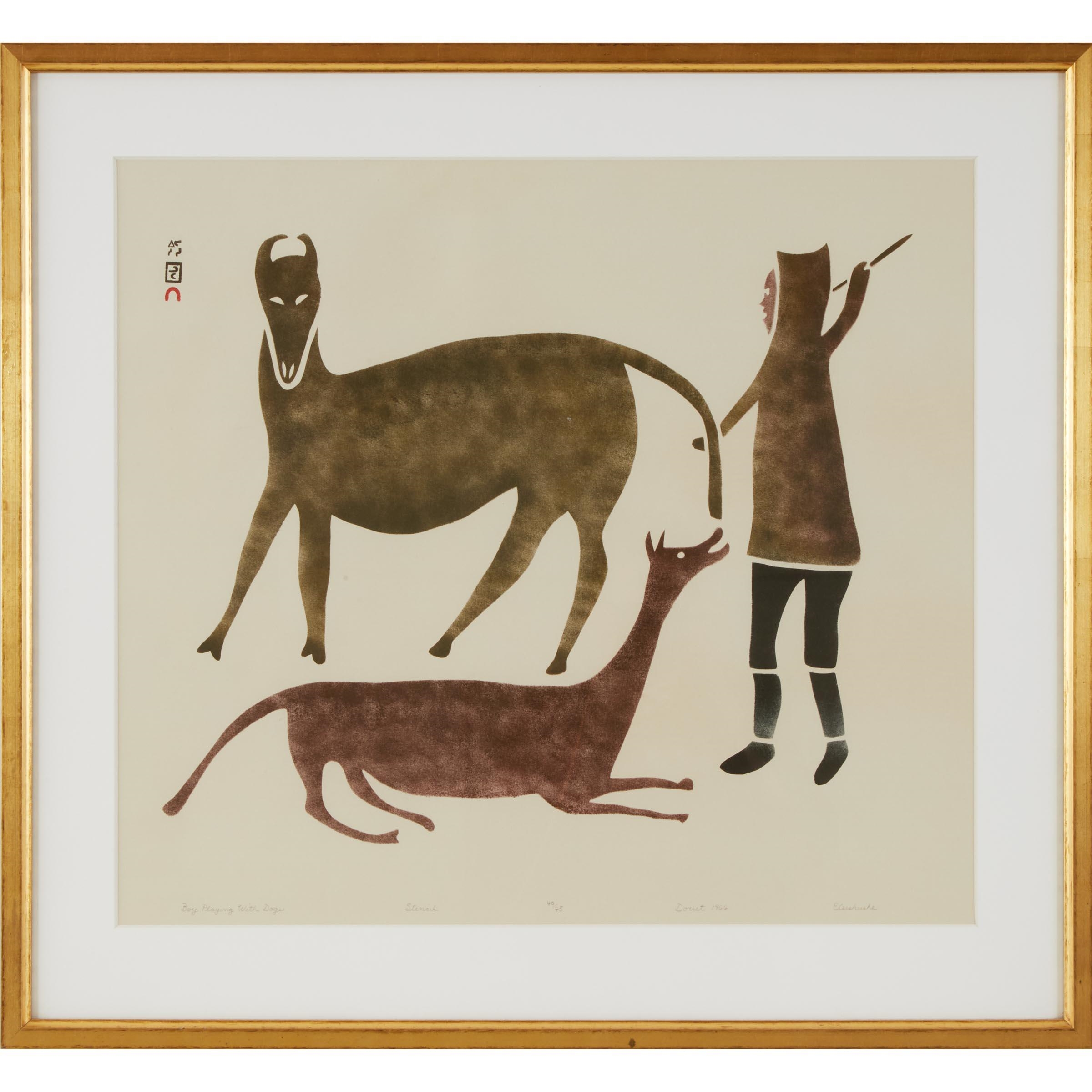 Artwork by Eleeshushe Parr, BOY PLAYING WITH DOGS, Made of stencil