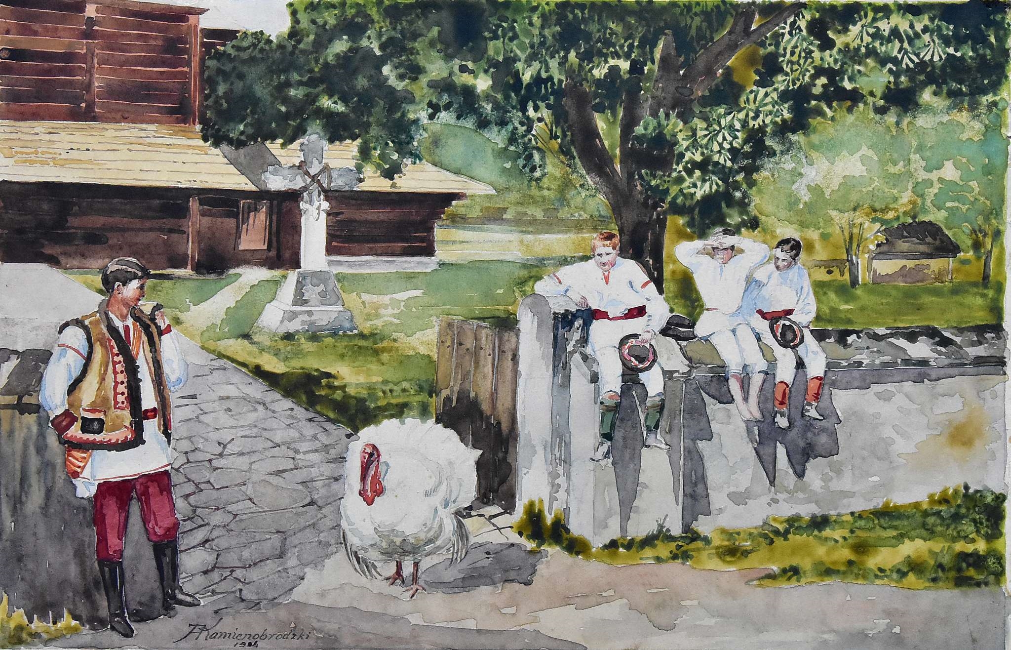 Alfred Kamienobrodzki | Huculi z indykiem, 1924 (1924) | MutualArt