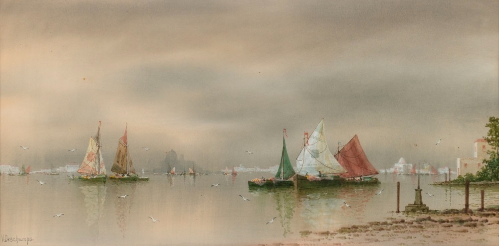 Artwork by V. Deschamps, (Venetian boat scene), Made of watercolour