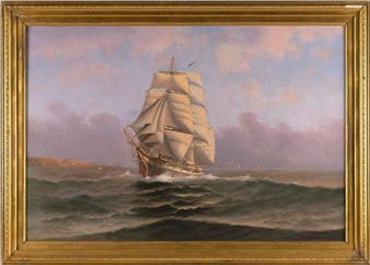 Luminous seascape with ship under sail near the coastline as seagulls fly above - Theodore Victor Carl Valenkamph