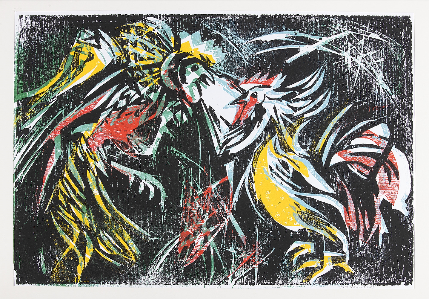 Artwork by Martin (fra Oswald) Miletitsch, Fighting Roosters, Made of colour woodcut on paper