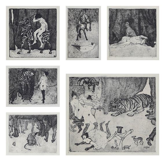 Lady with tiger; Thrown rider; Nude with dog; Nude riding zebra; Escape; Monkey and child - Heinrich Revy