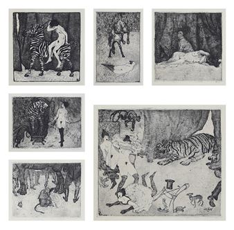 Lady with tiger; Thrown rider; Nude with dog; Nude riding zebra; Escape; Monkey and child - Heinrich Revy
