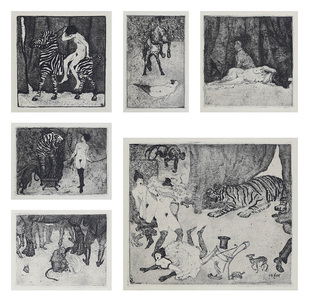 Artwork by Heinrich Revy, Lady with tiger; Thrown rider; Nude with dog; Nude riding zebra; Escape; Monkey and child, Made of etchings on paper