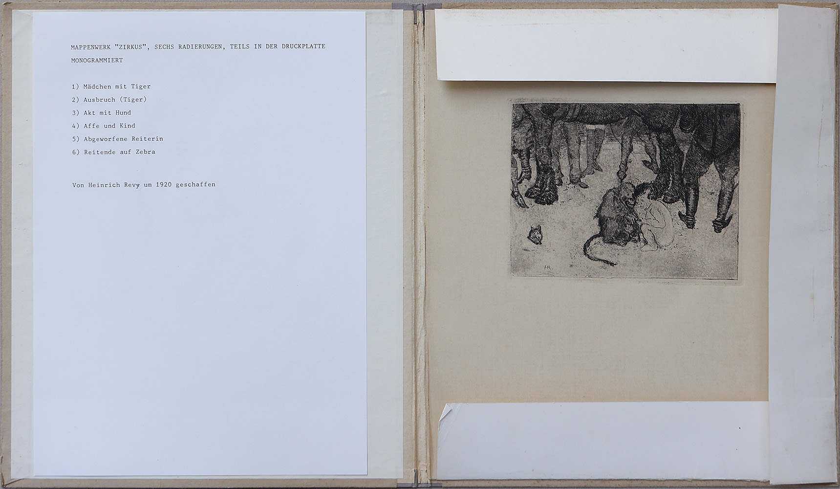 Artwork by Heinrich Revy, Lady with tiger; Thrown rider; Nude with dog; Nude riding zebra; Escape; Monkey and child, Made of etchings on paper