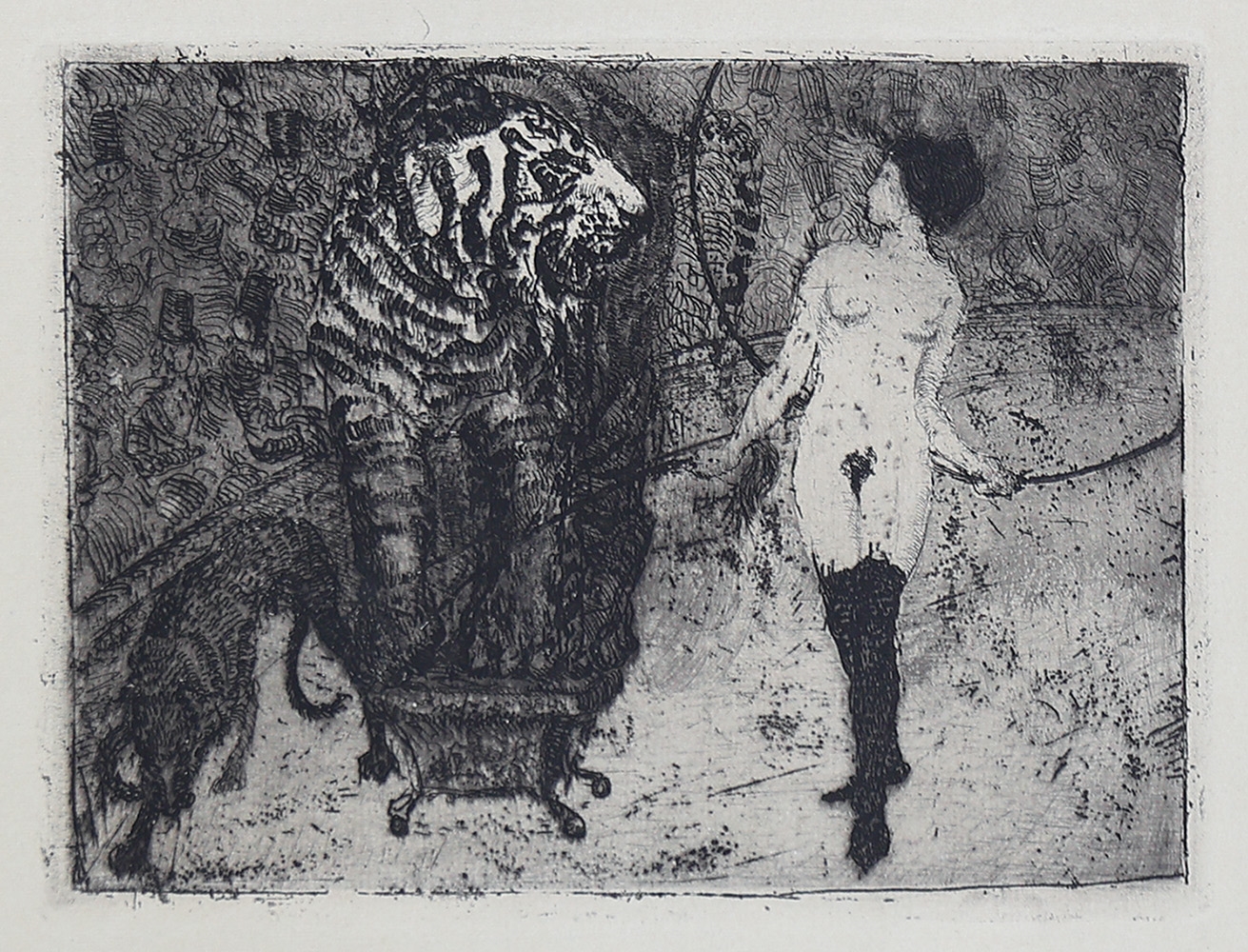 Artwork by Heinrich Revy, Lady with tiger; Thrown rider; Nude with dog; Nude riding zebra; Escape; Monkey and child, Made of etchings on paper