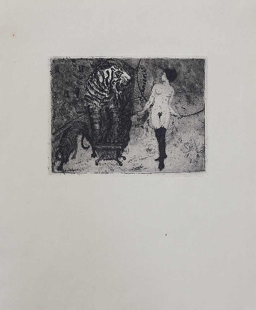 Artwork by Heinrich Revy, Lady with tiger; Thrown rider; Nude with dog; Nude riding zebra; Escape; Monkey and child, Made of etchings on paper