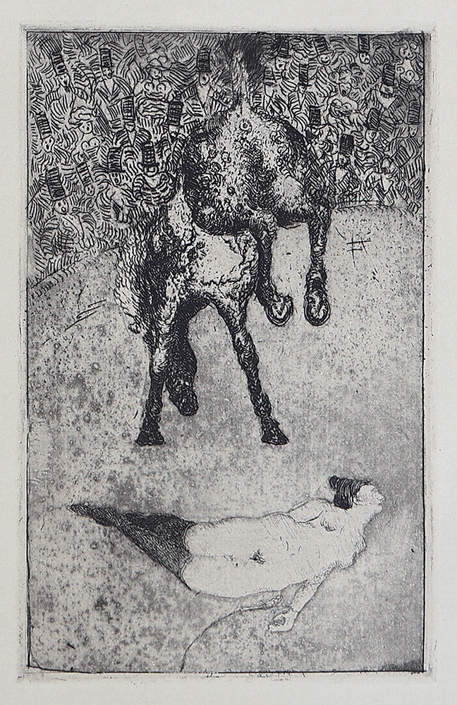 Artwork by Heinrich Revy, Lady with tiger; Thrown rider; Nude with dog; Nude riding zebra; Escape; Monkey and child, Made of etchings on paper