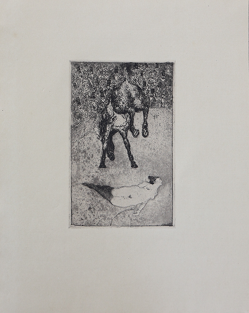 Artwork by Heinrich Revy, Lady with tiger; Thrown rider; Nude with dog; Nude riding zebra; Escape; Monkey and child, Made of etchings on paper