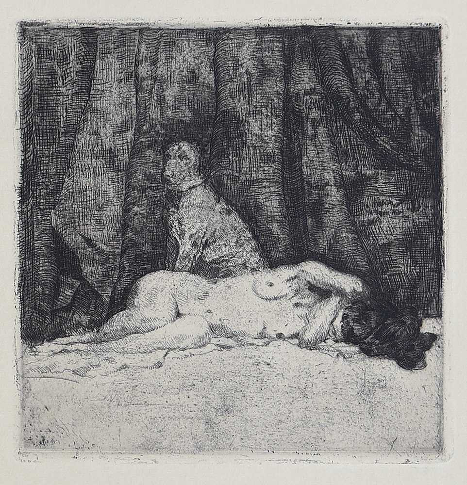 Artwork by Heinrich Revy, Lady with tiger; Thrown rider; Nude with dog; Nude riding zebra; Escape; Monkey and child, Made of etchings on paper