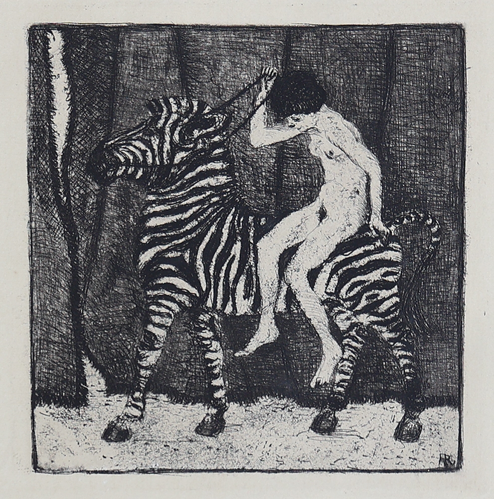 Artwork by Heinrich Revy, Lady with tiger; Thrown rider; Nude with dog; Nude riding zebra; Escape; Monkey and child, Made of etchings on paper