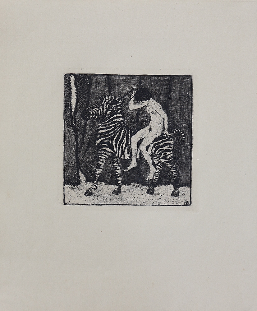 Artwork by Heinrich Revy, Lady with tiger; Thrown rider; Nude with dog; Nude riding zebra; Escape; Monkey and child, Made of etchings on paper
