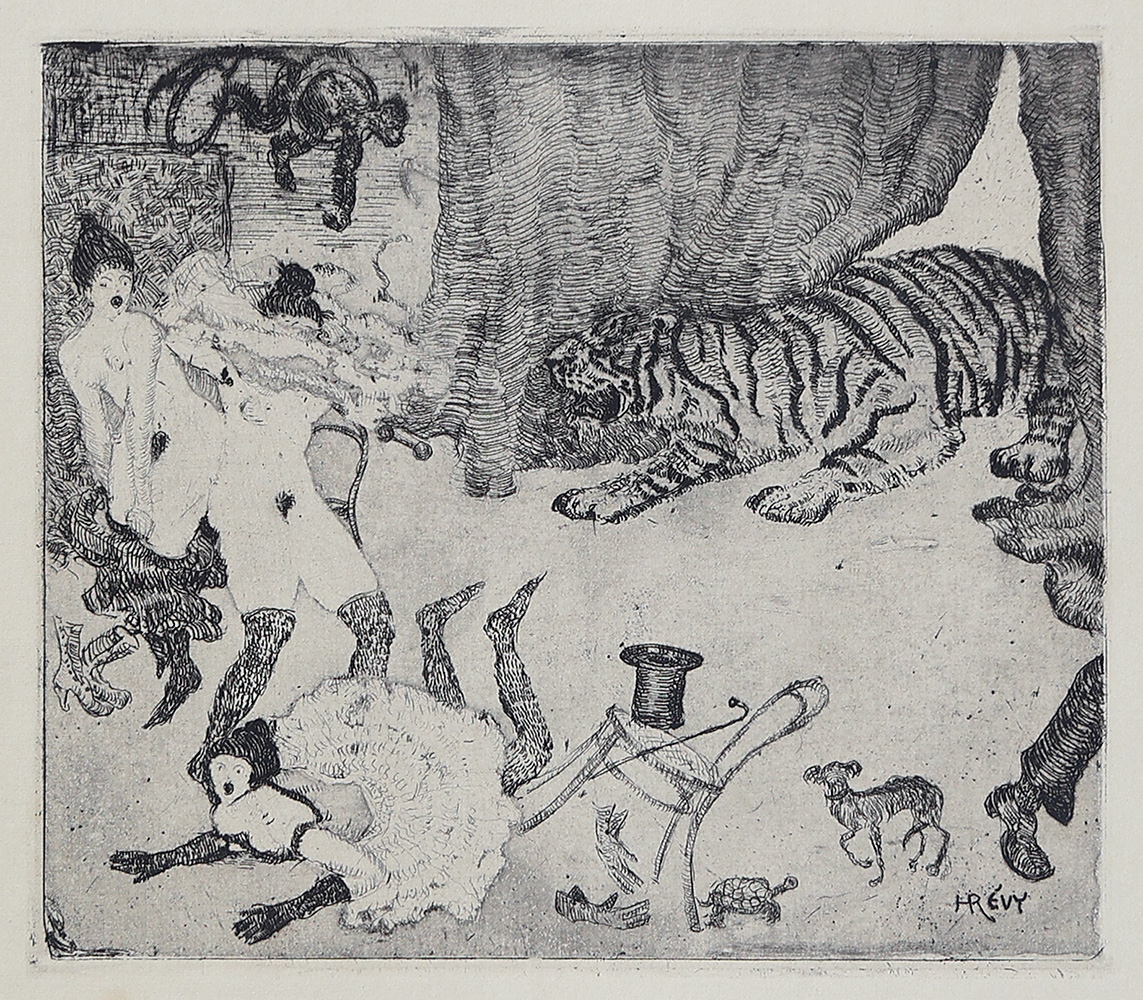 Artwork by Heinrich Revy, Lady with tiger; Thrown rider; Nude with dog; Nude riding zebra; Escape; Monkey and child, Made of etchings on paper