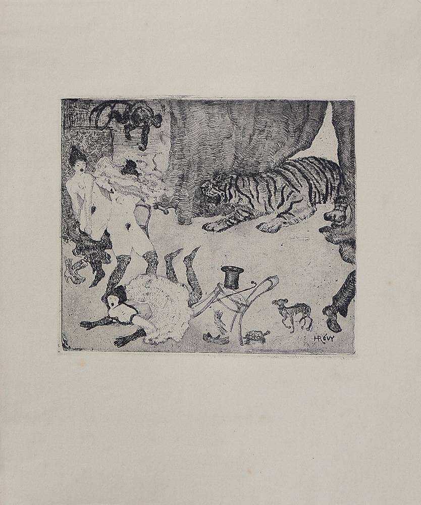 Artwork by Heinrich Revy, Lady with tiger; Thrown rider; Nude with dog; Nude riding zebra; Escape; Monkey and child, Made of etchings on paper