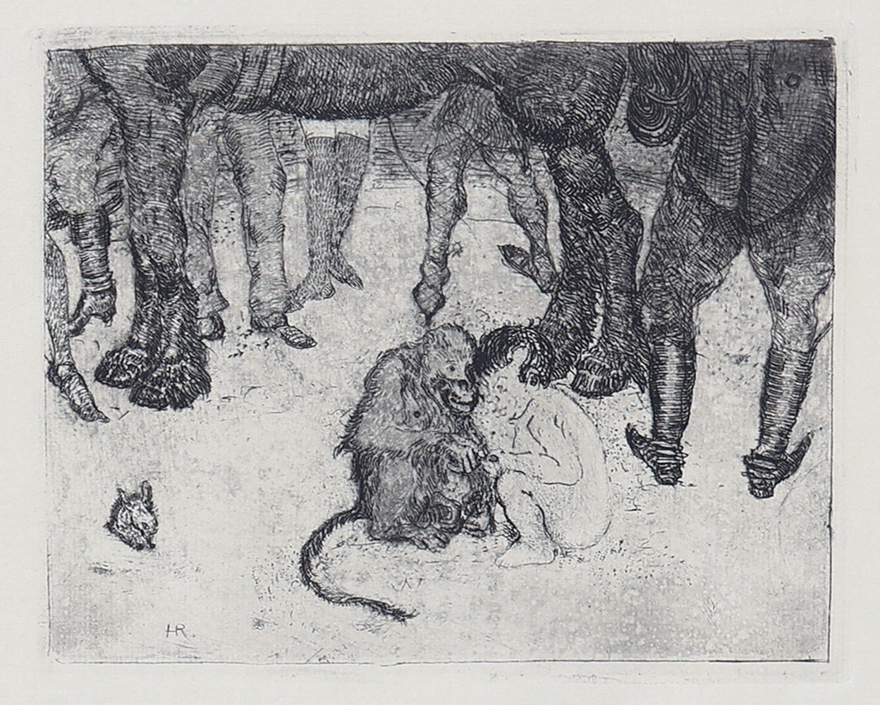 Artwork by Heinrich Revy, Lady with tiger; Thrown rider; Nude with dog; Nude riding zebra; Escape; Monkey and child, Made of etchings on paper