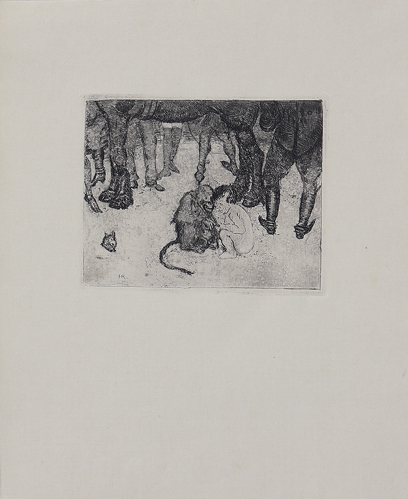 Artwork by Heinrich Revy, Lady with tiger; Thrown rider; Nude with dog; Nude riding zebra; Escape; Monkey and child, Made of etchings on paper