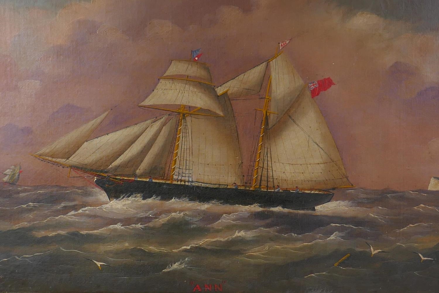 Artwork by Joseph Semple, maritime scene with the schooner 'Ann', Made of oil on canvas laid on board in a period gilt