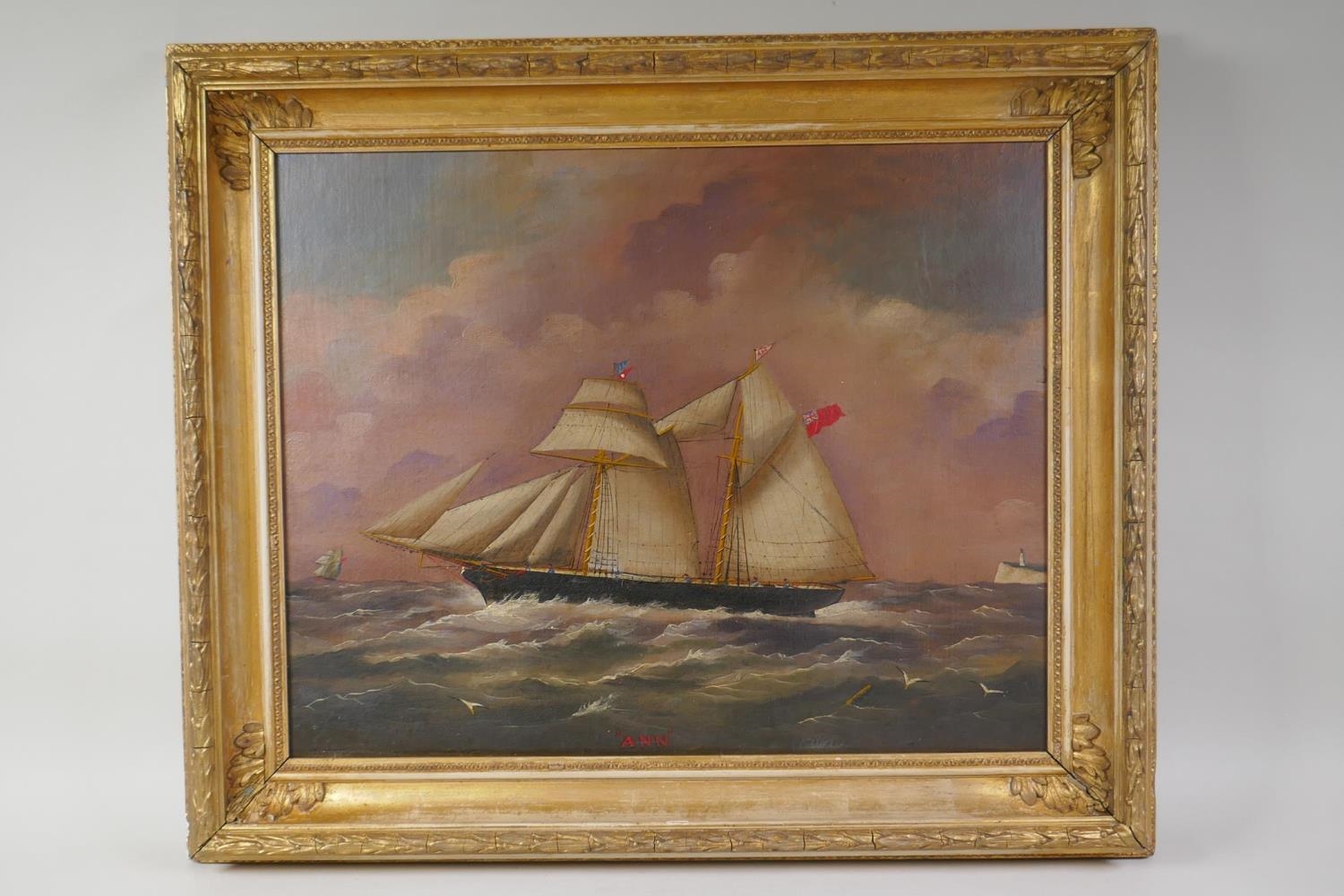 Artwork by Joseph Semple, maritime scene with the schooner 'Ann', Made of oil on canvas laid on board in a period gilt