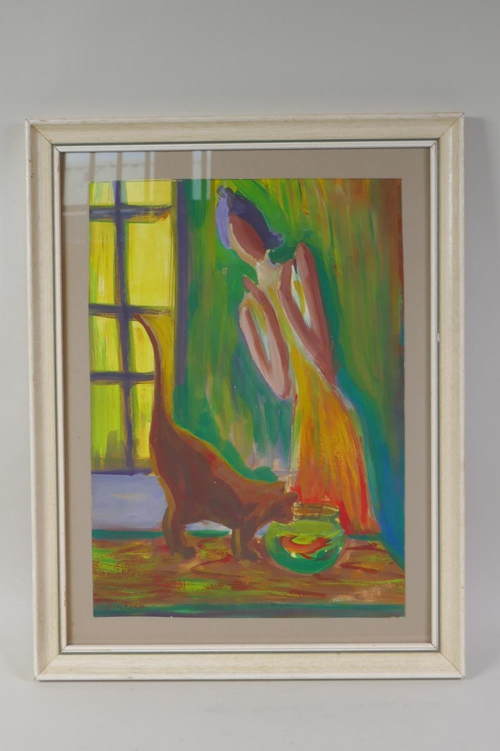 Artwork by Jean Rees, interior scene with a figure and cat by a fishbowl, Made of gouache