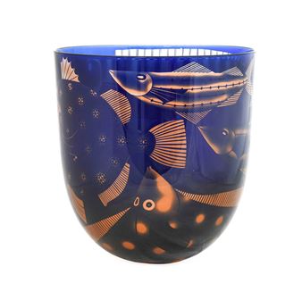 Ruth Dresman (b.1961) hand blown and sandblasted glass, blue coloured glass, decorated with seven fish, signed Dresman on edge,
28.5cm high - Ruth Dresman