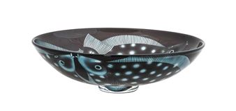 Ruth Dresman (b.1961) hand blown and sandblasted glass, purple coloured glass, decorated with three plaice, signed Dresman on edge,
35cm diameter - Ruth Dresman