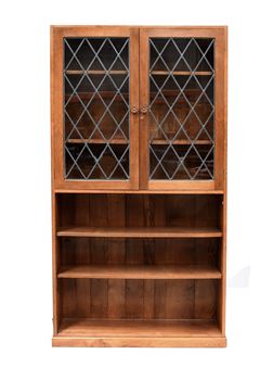 A wooden display cabinet with diamond-patterned glass doors and open shelves.