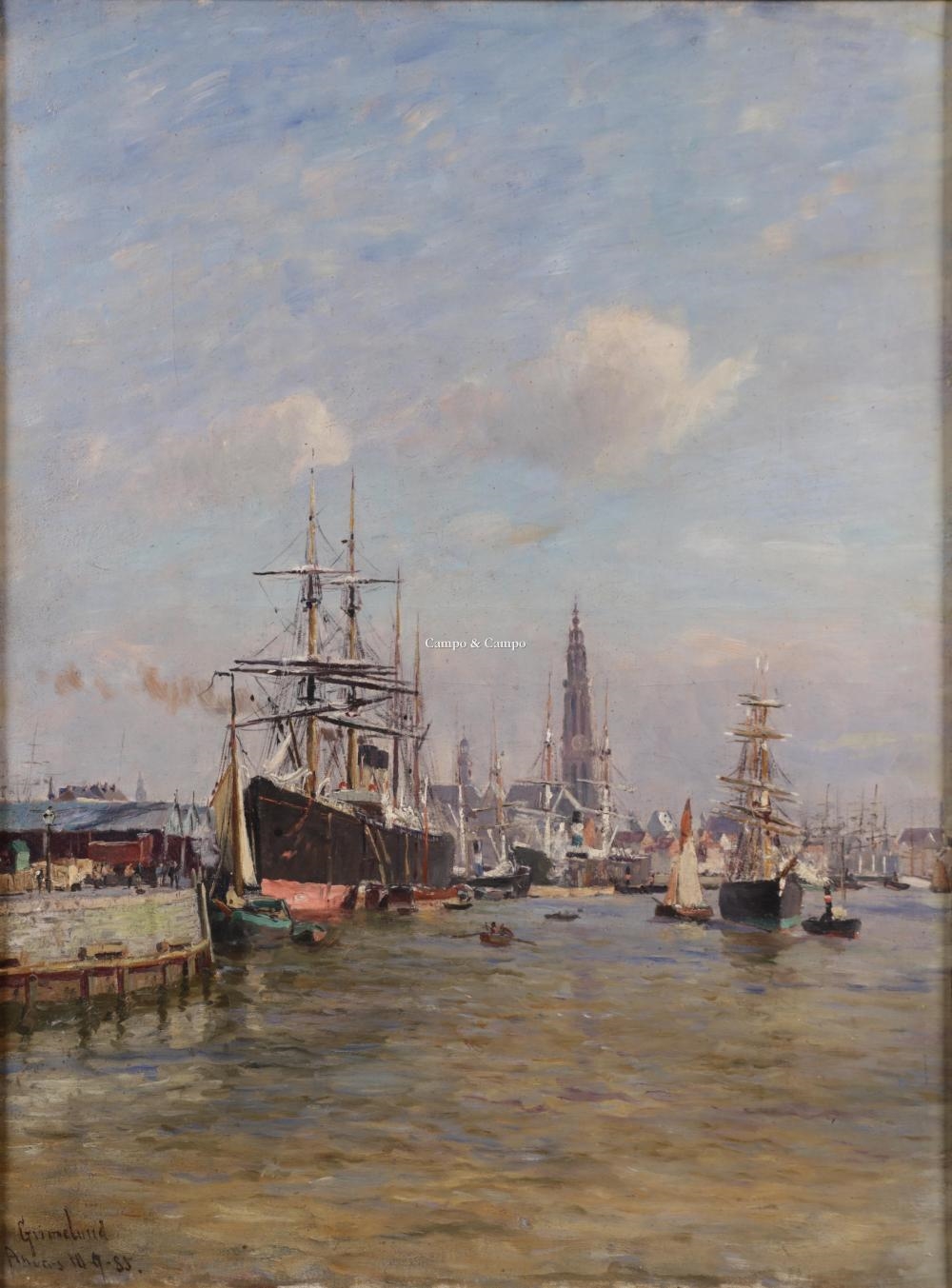 Artwork by Johannes Martin Grimelund, Red Star Line ships in the Mexico Dock in Antwerp, Made of Oil on canvas