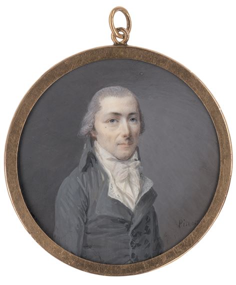 Miniatur Portrait eines jungen Mannes in grauer Jacke - Nicolas Pinet