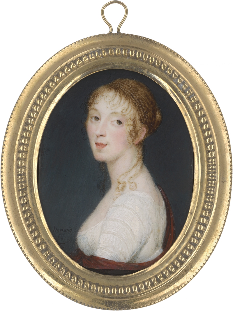 Artwork by Charles Hénard, Miniatur Portrait einer jungen Frau in weißem Kleid mit rostrotem Schal, Made of Aquarell und Gummiarabikum auf Elfenbein