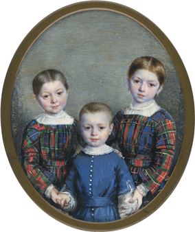 Miniatur Portrait dreier Kinder: kleiner Bub und 2 ältere Schwestern - Achille Ernest Mouret