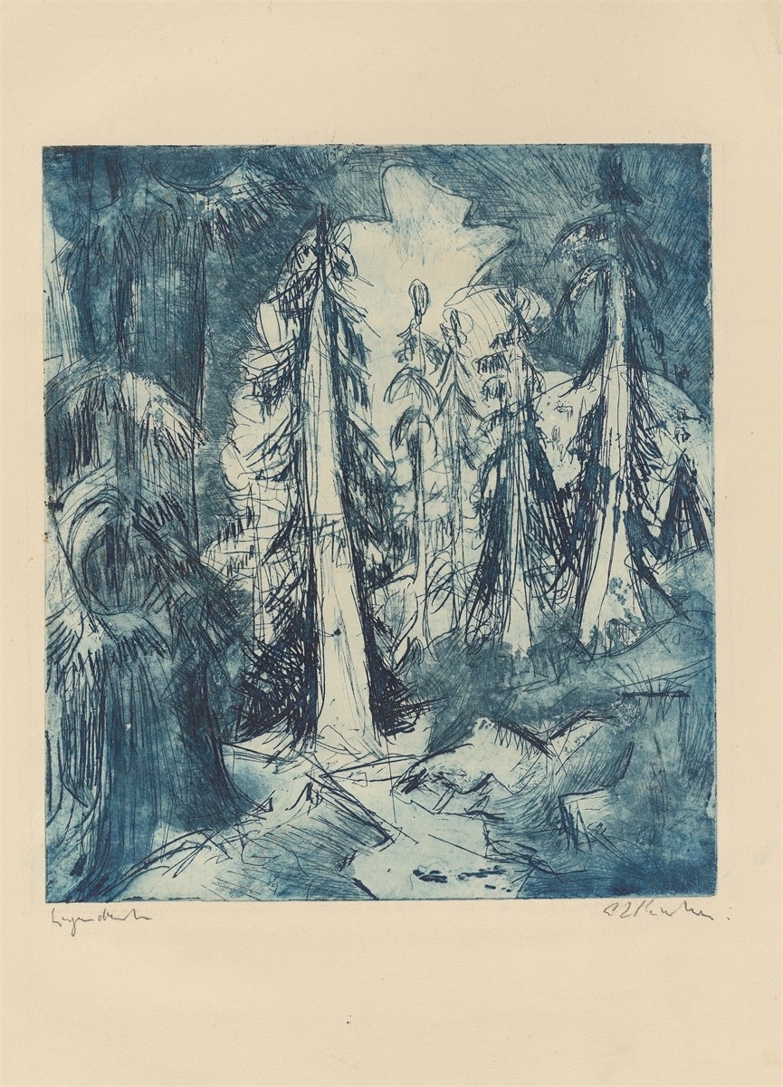 Artwork by Ernst Ludwig Kirchner, Alpenweg mit Wettertannen, Made of Etching in blue on wove paper