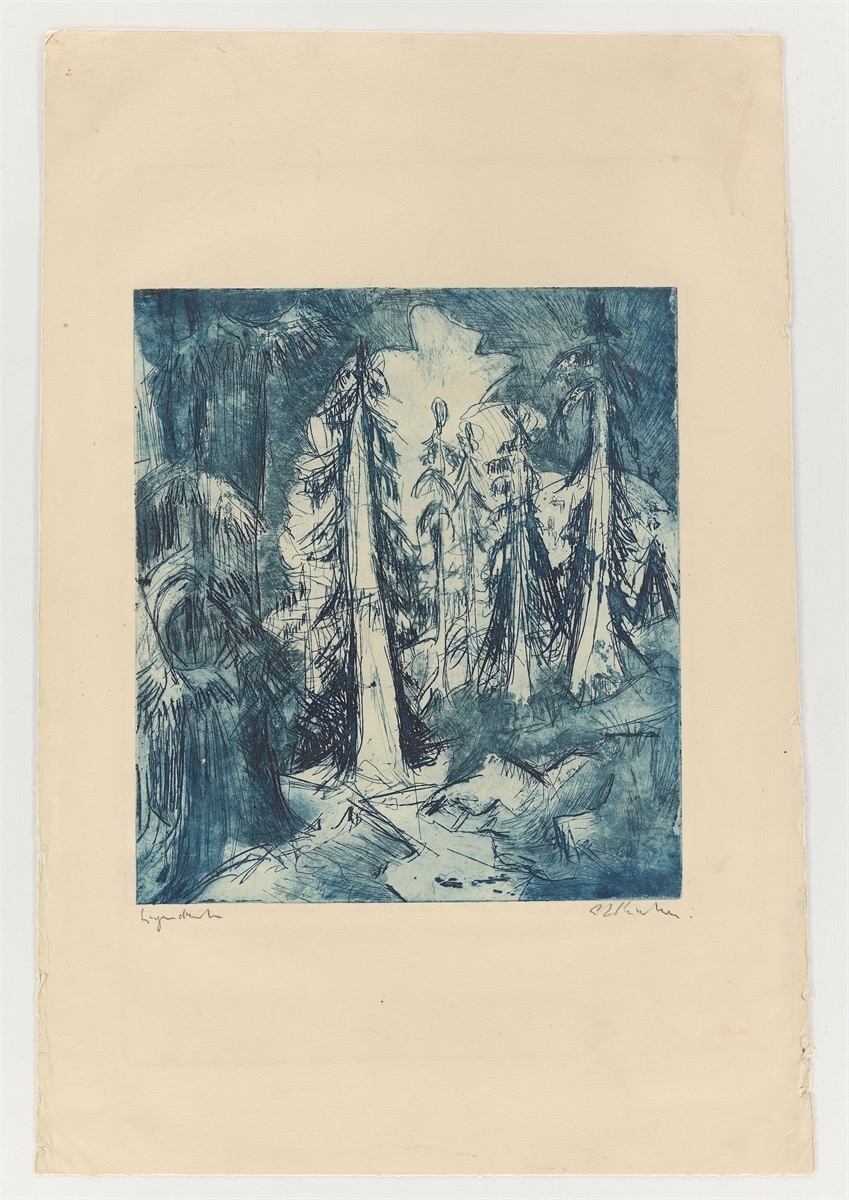 Artwork by Ernst Ludwig Kirchner, Alpenweg mit Wettertannen, Made of Etching in blue on wove paper