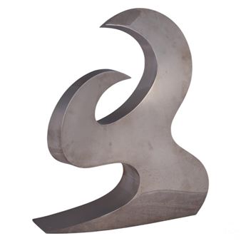 A sleek, abstract metal sculpture featuring a continuous, flowing form with smooth curves and a polished surface.