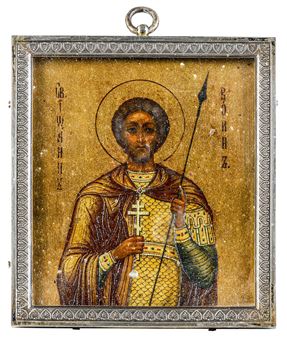 Icona raffigurante San Giovanni il soldato (o il russo). Cornice in argento. Russia, Mosca, inizi XX secolo. Marchio di titolo 88 zolotnik, marchio dell'atelier Fabergè e del maestro argentiere (parziale di difficile lettura - Russian School, 20th Century