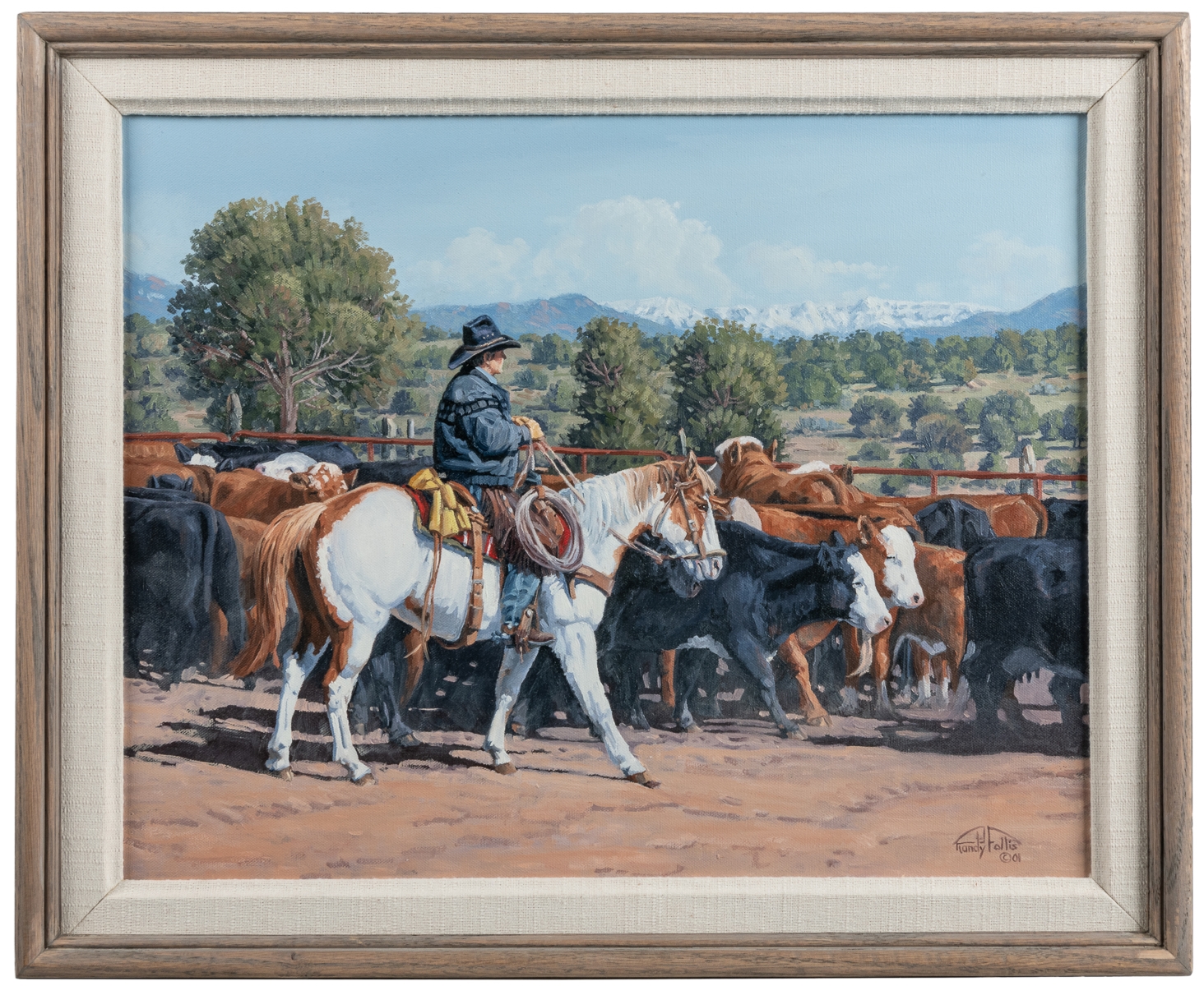 Artwork by Randy Follis, 1939). Cutting Out the Bull. 2001. Oil on canvas. Signed lower right and verso. 16 x 20". Frame 19 x 23". Overall good condition., Made of Oil on canvas